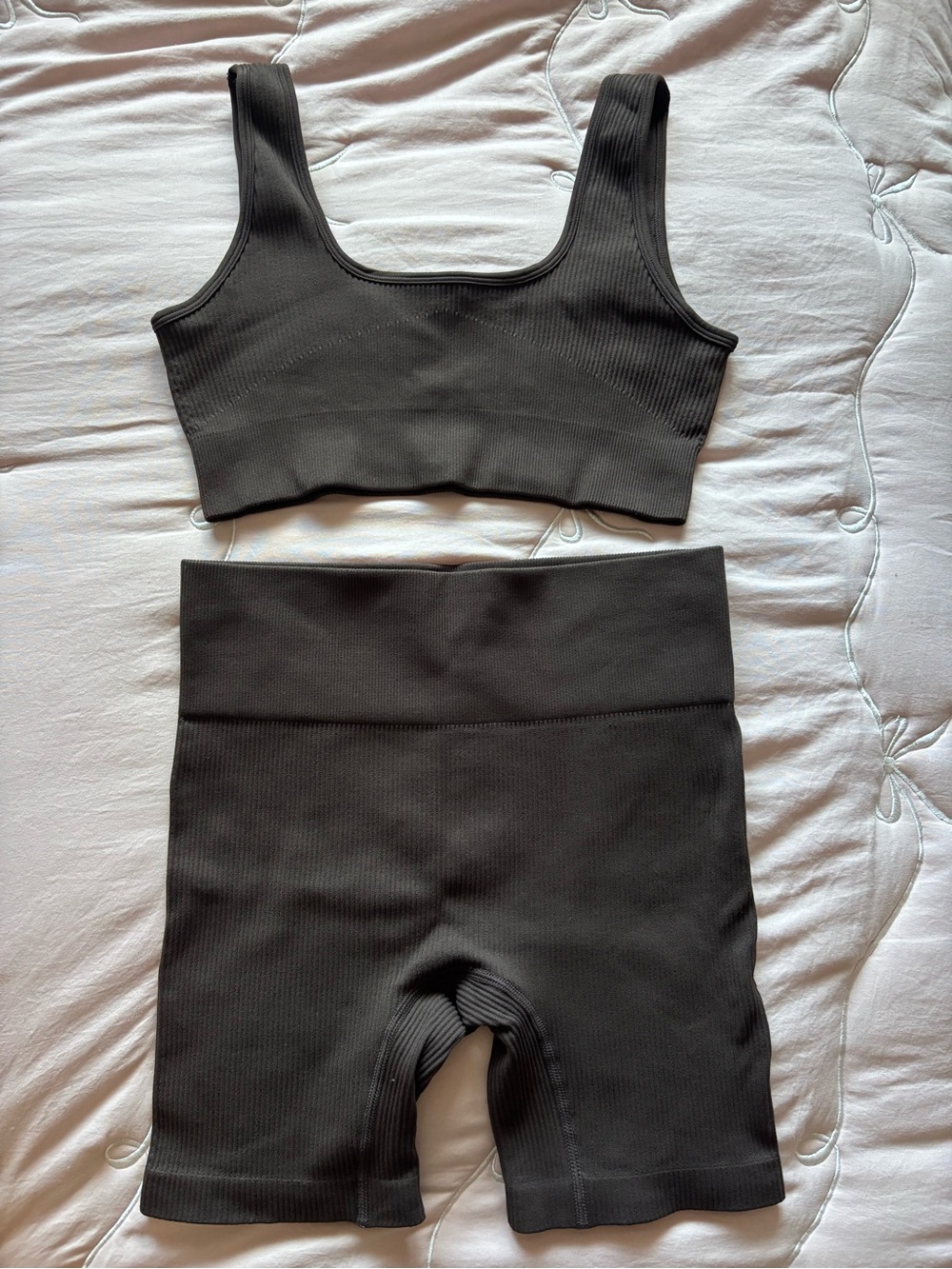 PacSun Brown Ribbed Seamless Sports Bra & Bike Shorts Set